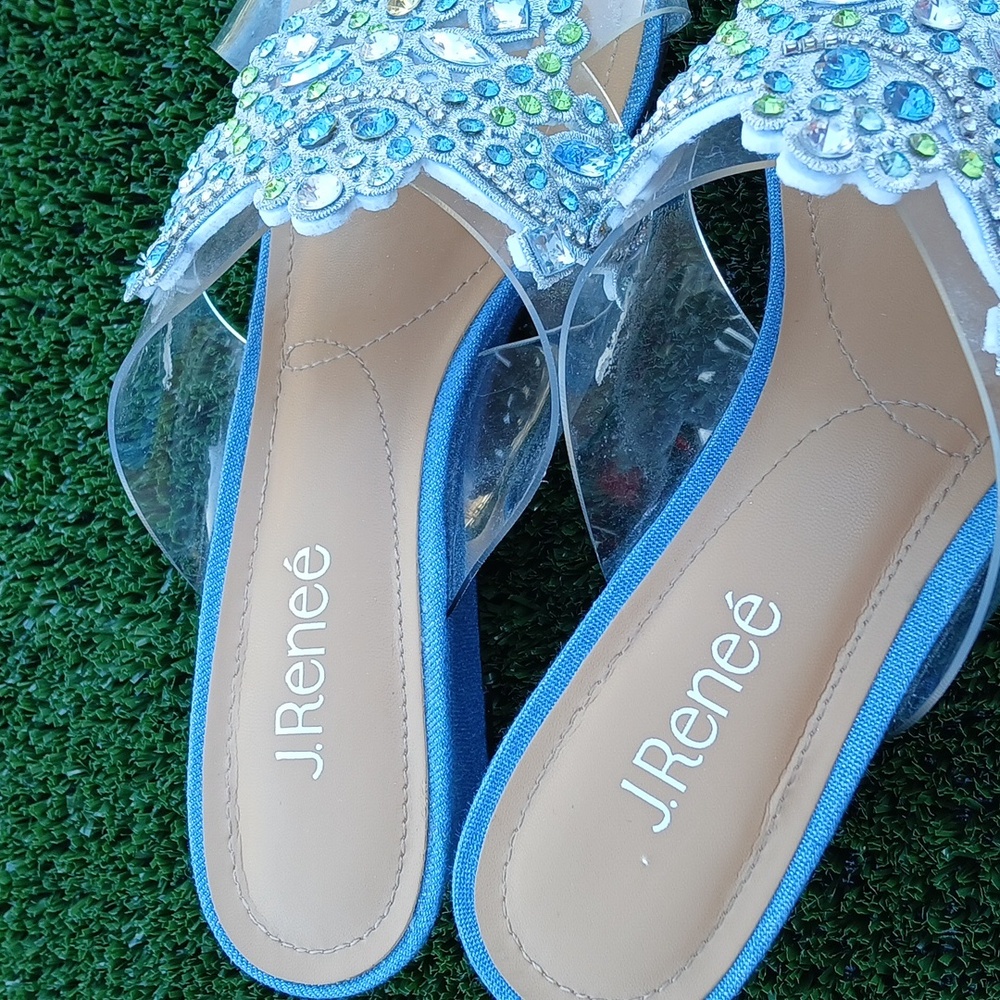 J. Renee Allysen Jeweled Applique Clear Wedge Sandals Chambray Blue Size 9 M - Picture 6 of 9